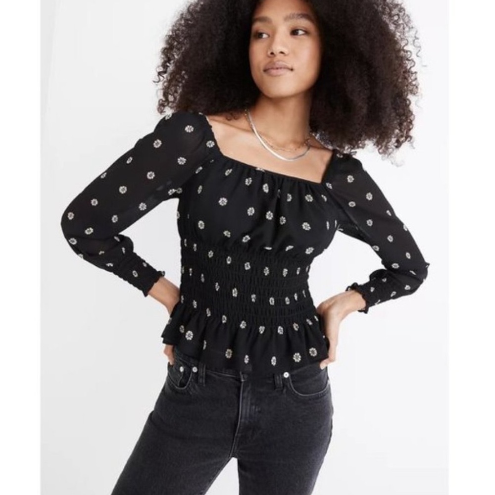 Madewell Georgette Black Floral Smocked Waist Square Neck Blouse‎ M